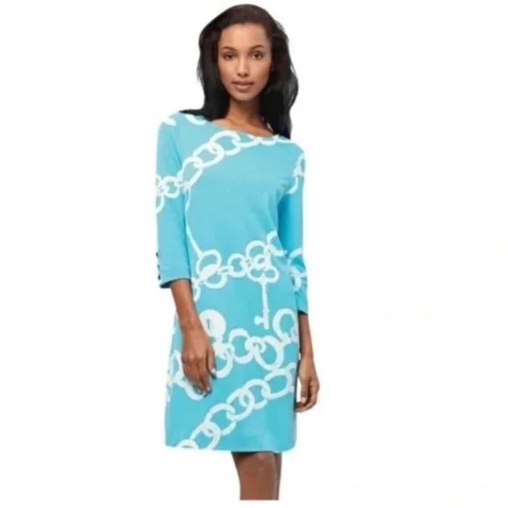 Lilly Pulitzer Women's XS Blue Jonah Lock and Chain Ponte Knit Tie Belt Dress
